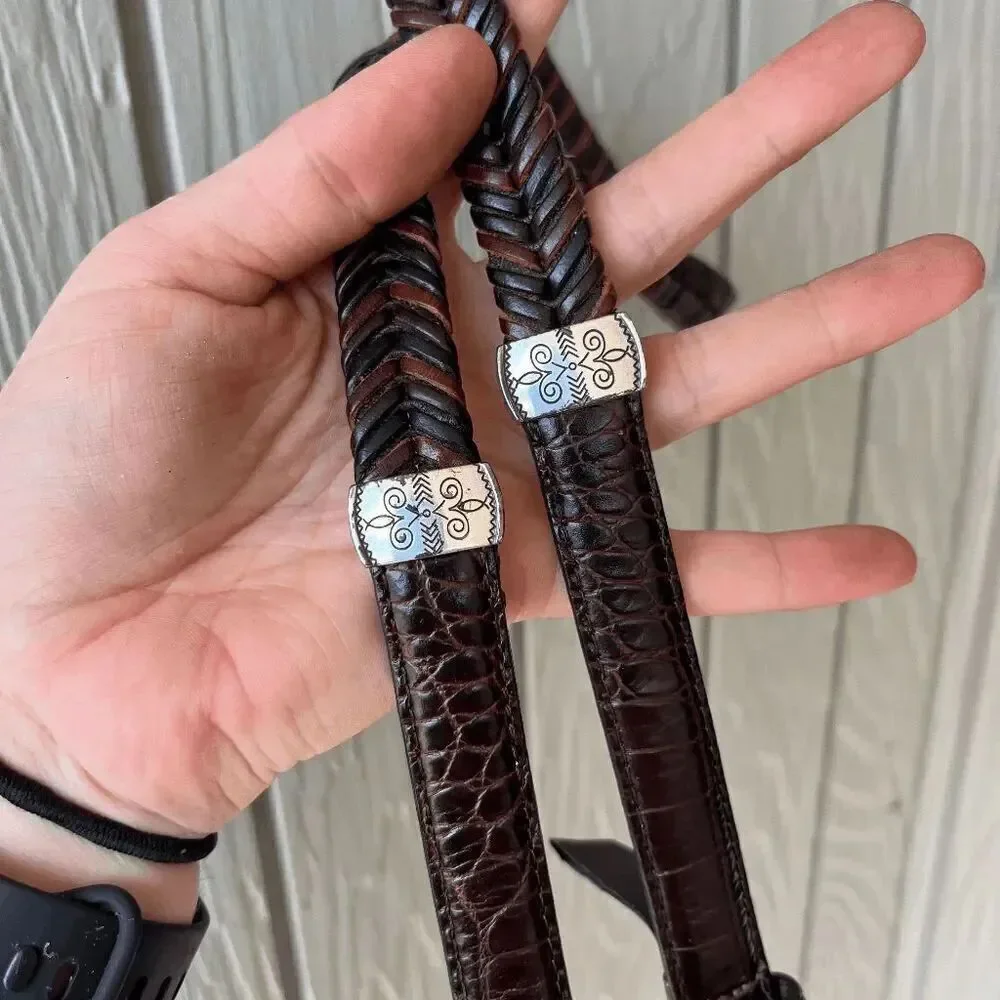 Brighton Braided Leather Belt L/34 Brown Croc Embossed w/ Silver Buckle